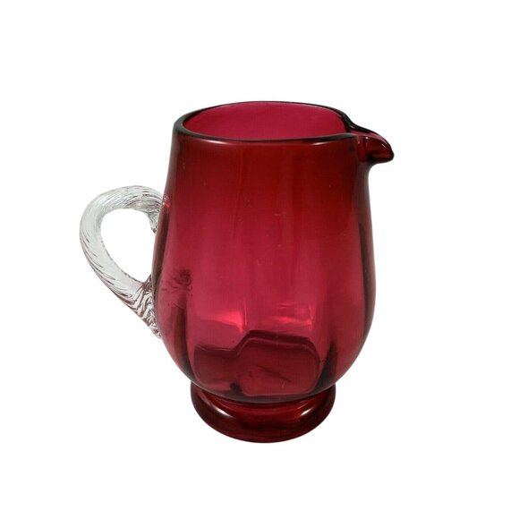 Pilgrim Cranberry Glass Pitcher Clear Applied Handle Vintage Blown Panel Optic - Picture 1 of 5